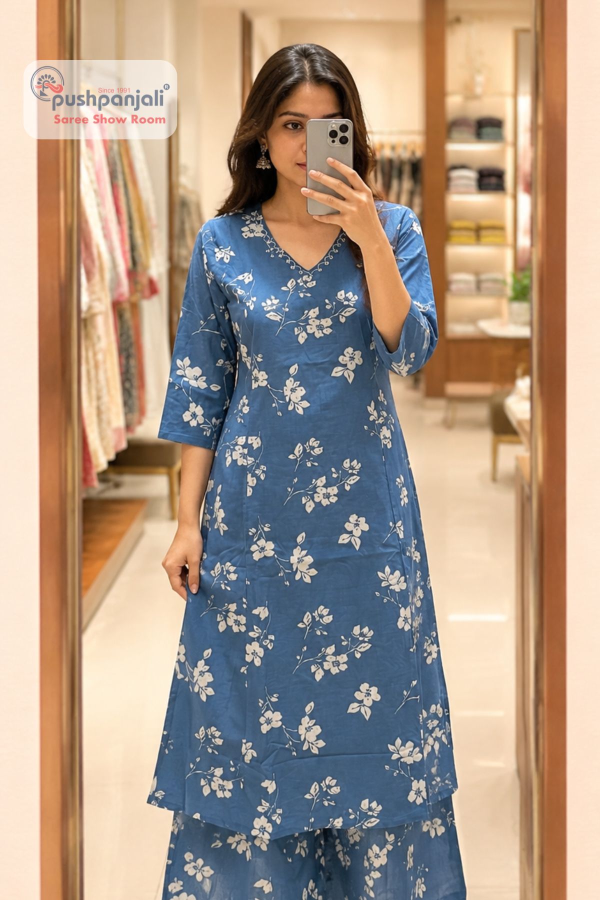 Steel Blue Floral Printed A-Line Suit Set - Image 2