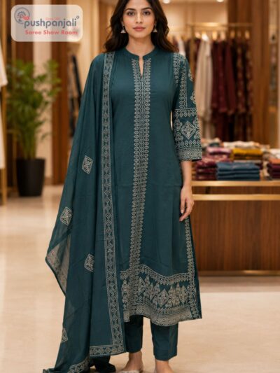 Teal Green Embroidered A-Line Suit Set