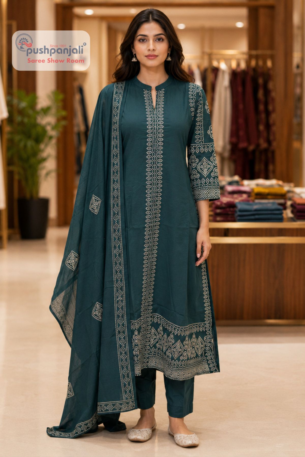 Teal Green Embroidered A-Line Suit Set