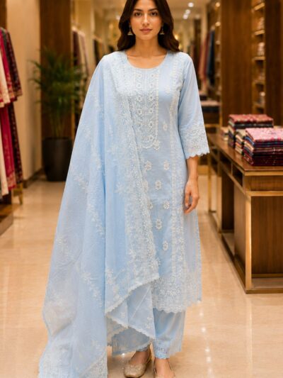 Powder Blue Embroidered Straight Fit Suit Set