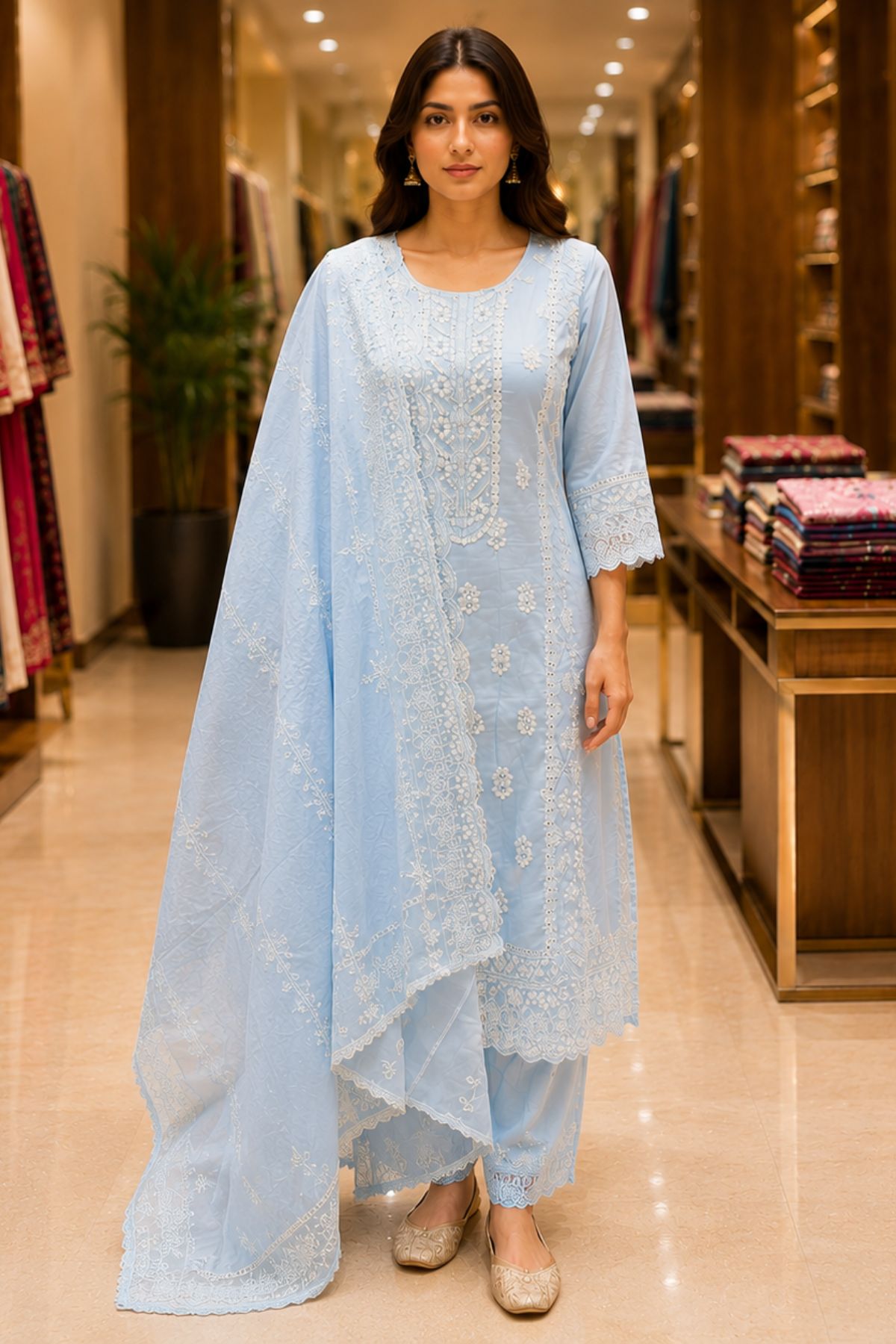 Powder Blue Embroidered Straight Fit Suit Set