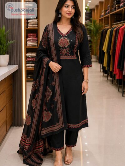 Black Ethnic Printed Straight Fit Suit Set with Dupatta