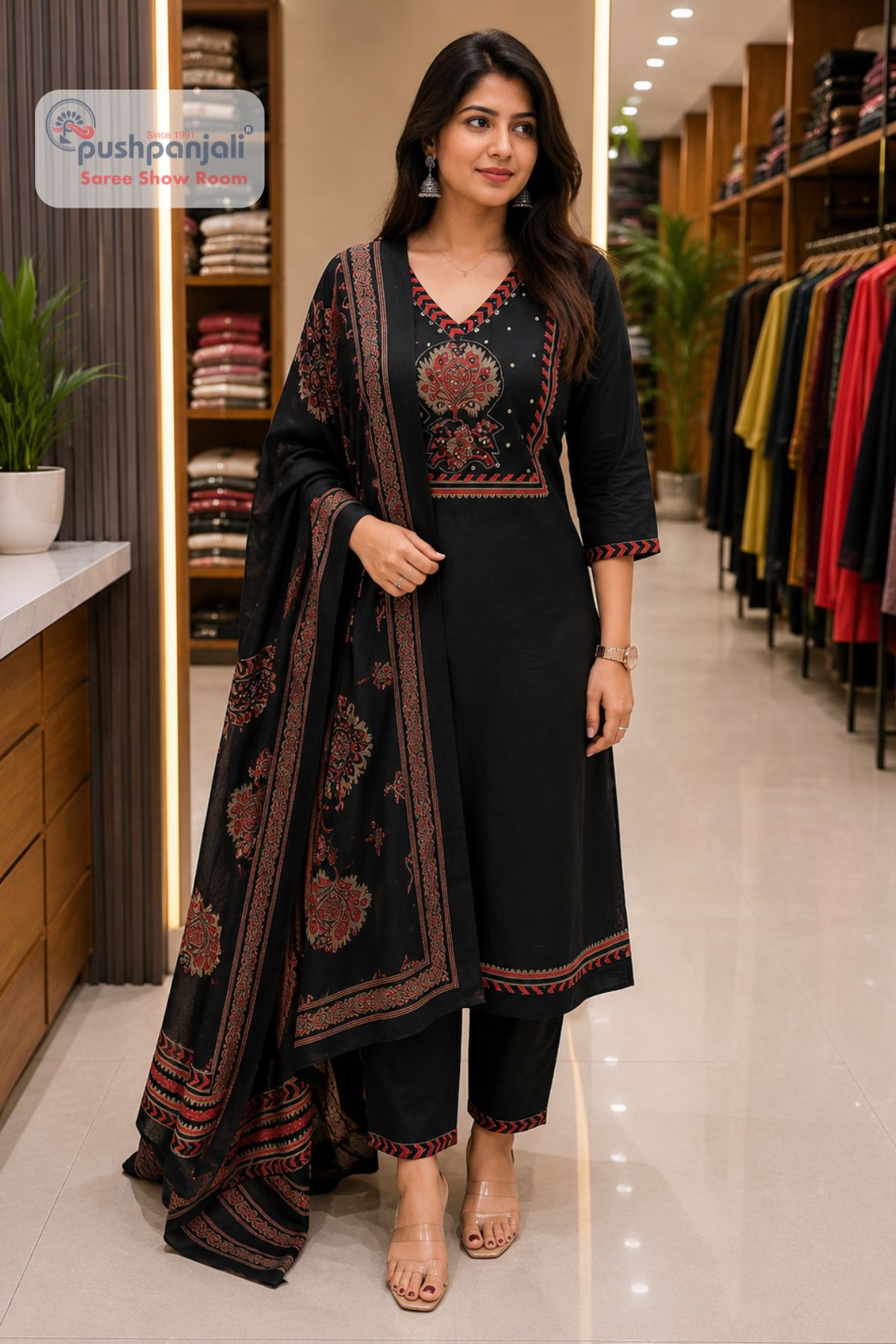 Black Ethnic Printed Straight Fit Suit Set with Dupatta