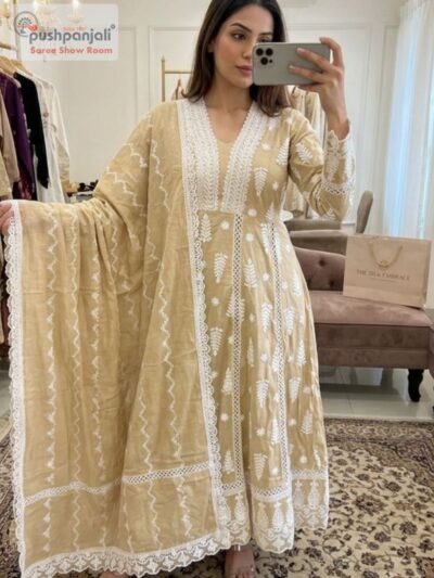 Cream Beige Chikankari A-Line Kurta Set with Dupatta