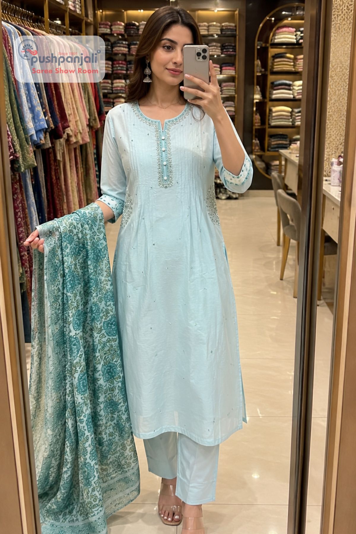 Powder Blue Straight Fit Suit Set with Printed Dupatta - Image 2