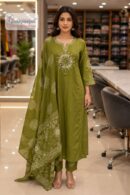 Olive Green Straight Fit Ethnic Suit Set with Printed Dupatta