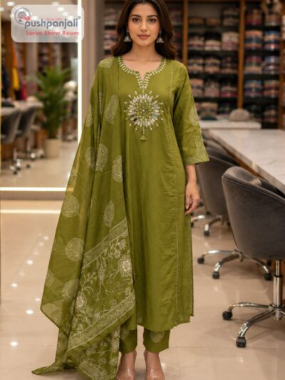 Olive Green Straight Fit Ethnic Suit Set with Printed Dupatta
