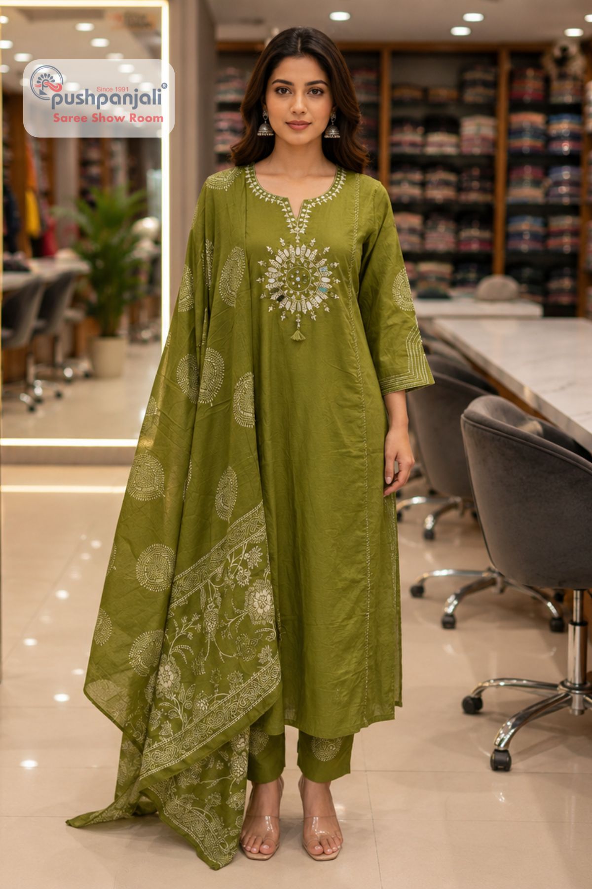 Olive Green Straight Fit Ethnic Suit Set with Printed Dupatta