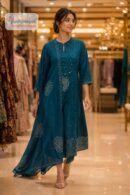 Teal Blue A-Line Ethnic Kurta Set with Embroidered Dupatta