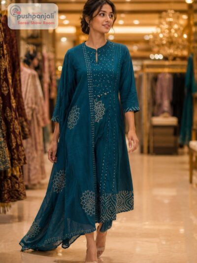 Teal Blue A-Line Ethnic Kurta Set with Embroidered Dupatta