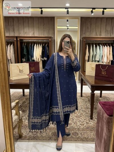 Navy Blue Embroidered Straight Kurta Set with Dupatta