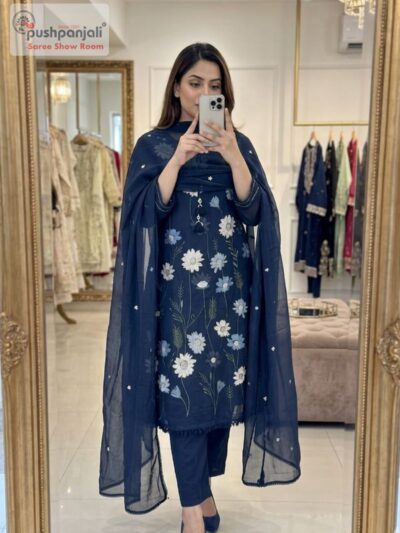 Navy Blue Floral Embroidered A-Line Kurta Set with Dupatta