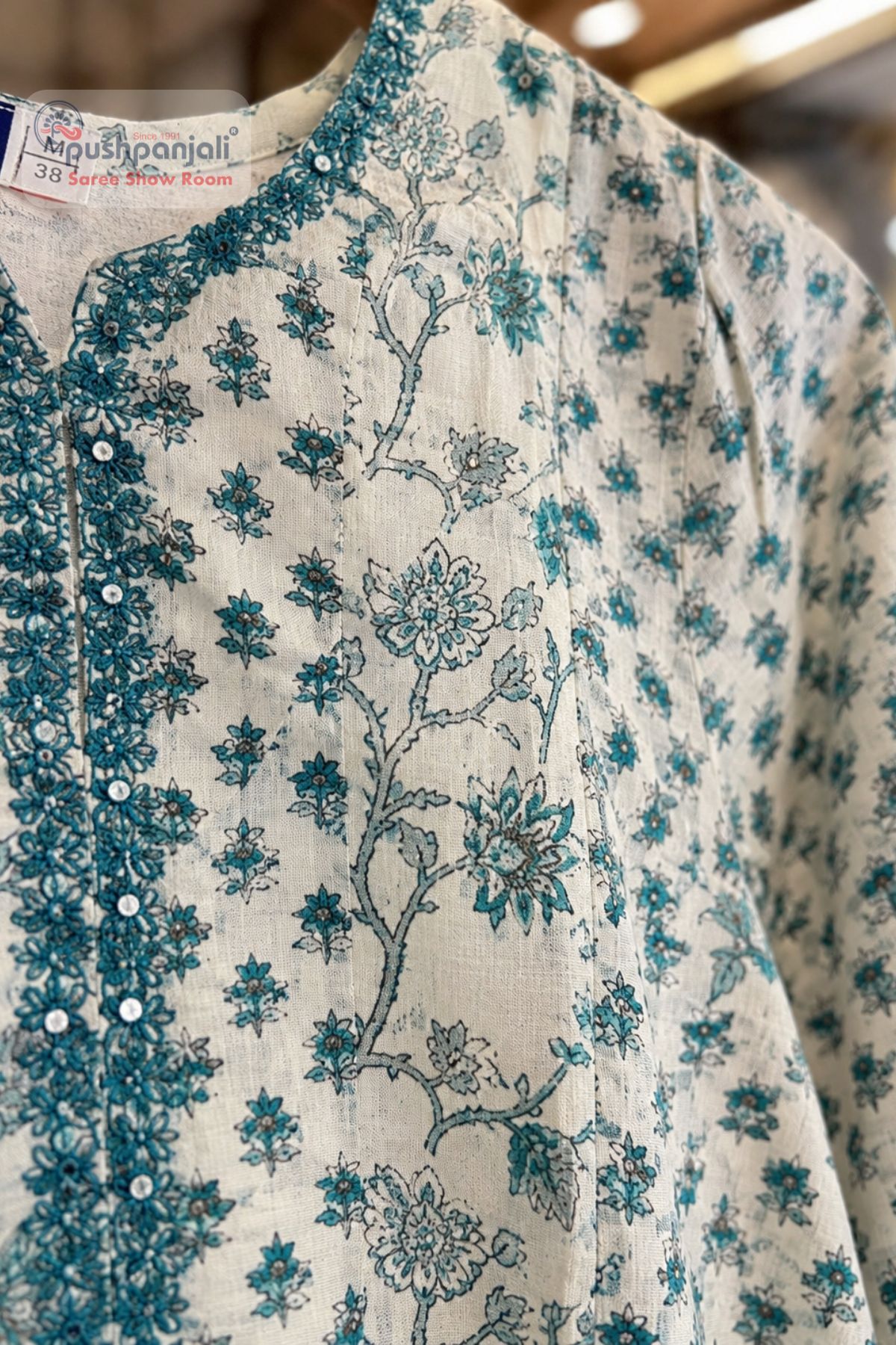 Ivory White & Teal Blue Floral Printed A-Line Kurta Set with Dupatta - Image 3