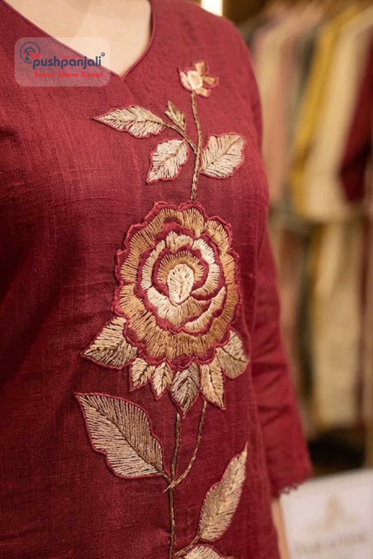 Wine Red Floral Embroidered Kurta Set with Dupatta - Image 2