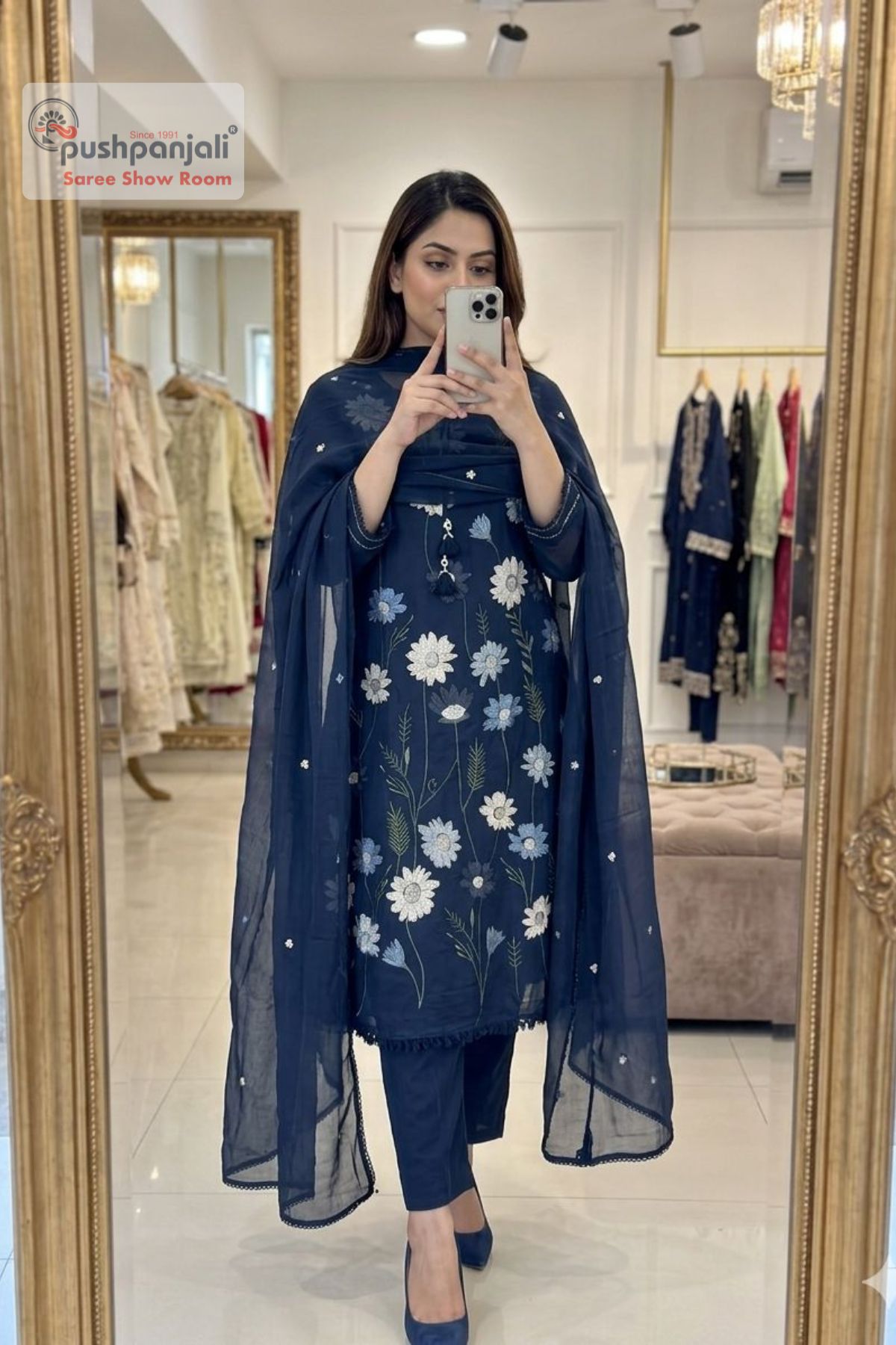 Navy Blue Floral Embroidered A-Line Kurta Set with Dupatta
