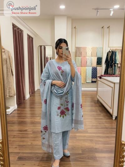 Pastel Sky Blue Embroidered Straight Kurta Set with Dupatta