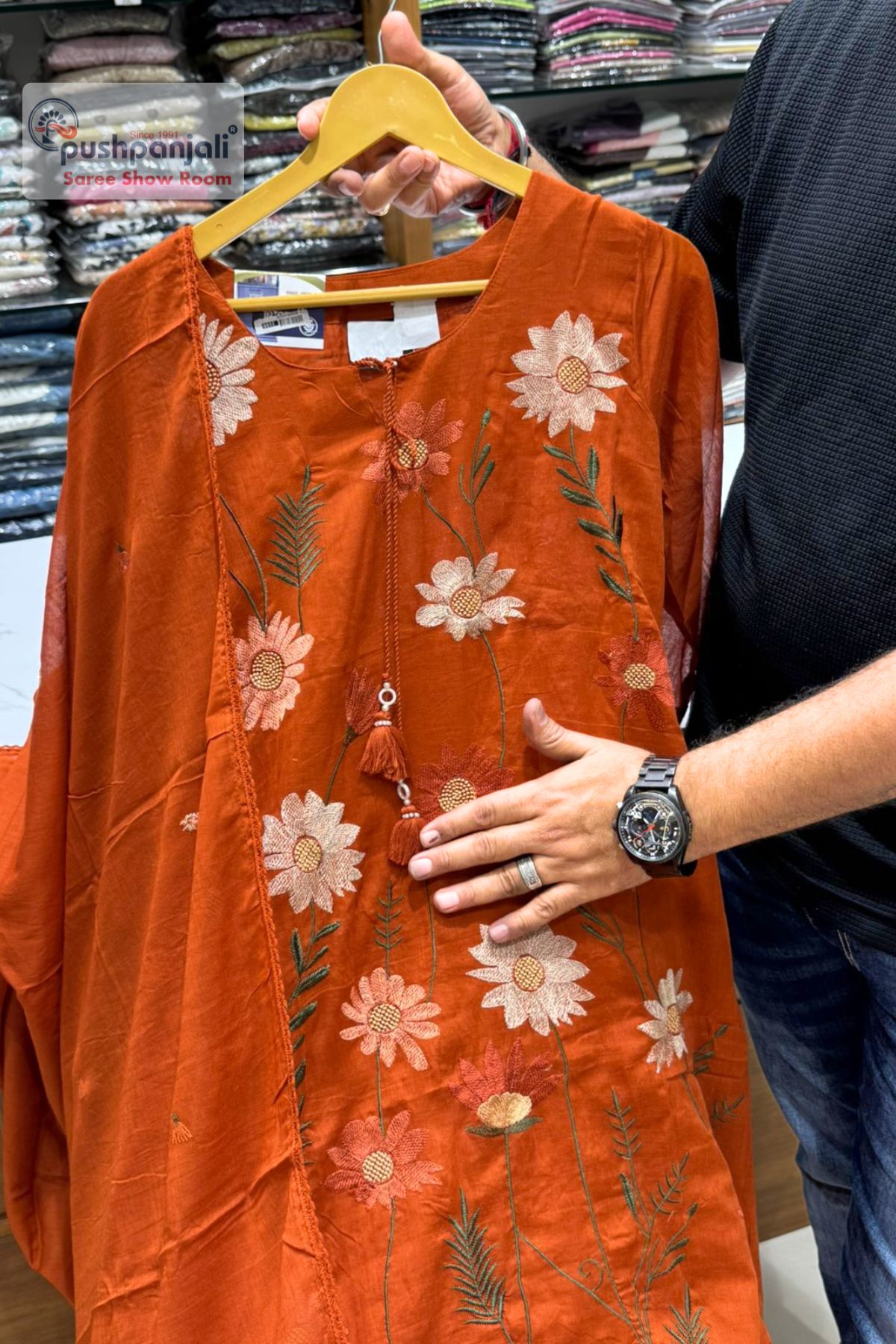 Rust Orange Floral Embroidered A-Line Kurta Set with Dupatta - Image 2