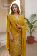 Mustard Yellow Embroidered A-Line Mul Cotton Kurta Set with Dupatta
