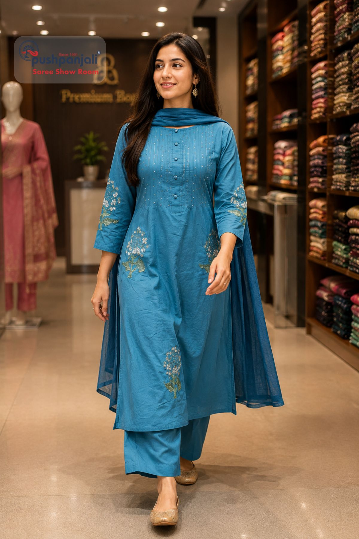 Sky Blue Embroidered A-Line Kurta Set with Dupatta