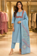 Sky Blue Embroidered Straight Kurta Set with Dupatta