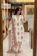 White & Pink Floral Printed Straight Kurta Set with Dupatta