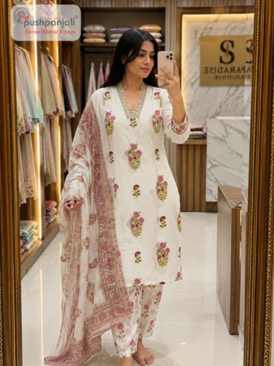 White & Pink Floral Printed Straight Kurta Set with Dupatta