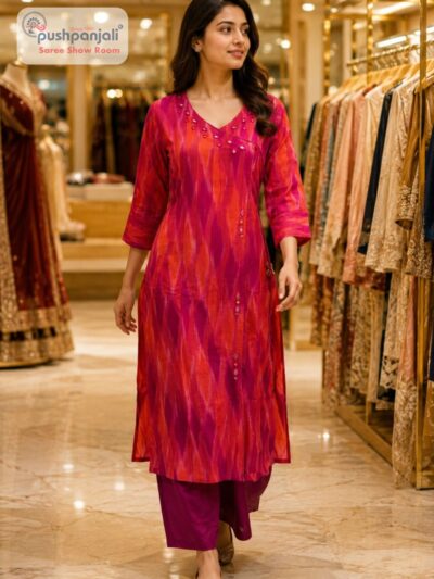 Pink Ikat Print Straight Kurta Pant Set