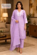 Lavender Embroidered Straight Fit Suit Set with Dupatta