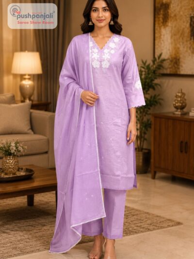 Lavender Embroidered Straight Fit Suit Set with Dupatta