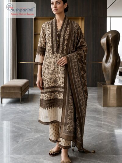 Beige & Coffee Brown Printed Straight Fit Suit Set with Dupatta