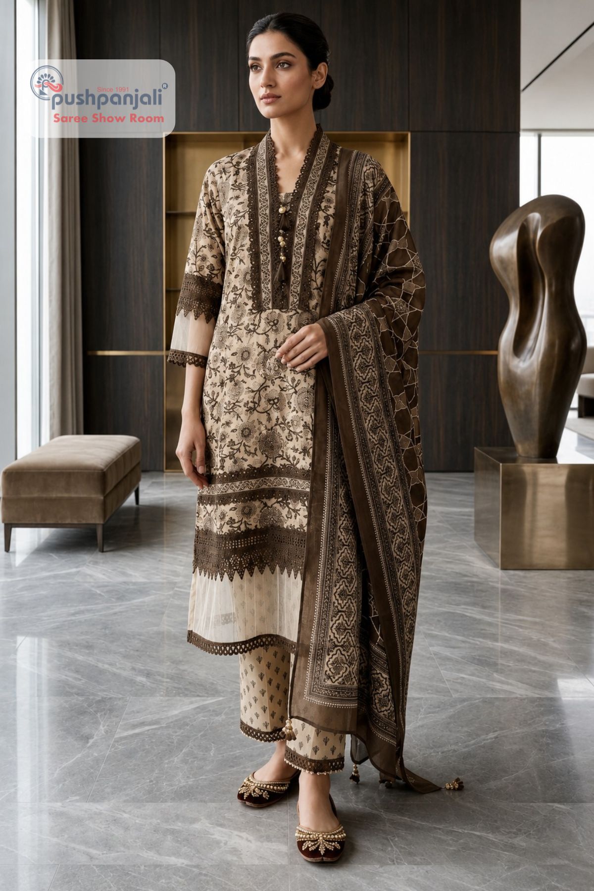 Beige & Coffee Brown Printed Straight Fit Suit Set with Dupatta