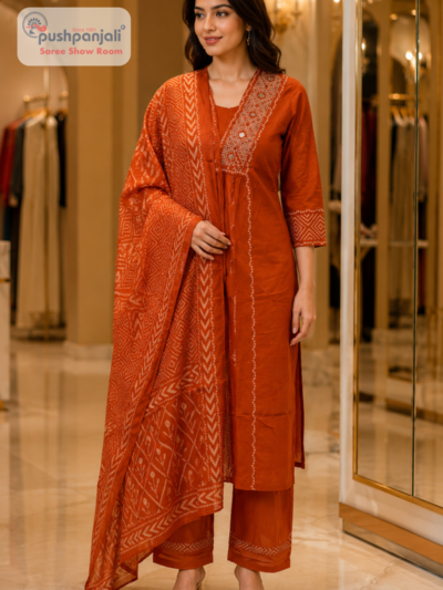 Rust Orange Straight Fit Suit Set with Dupatta