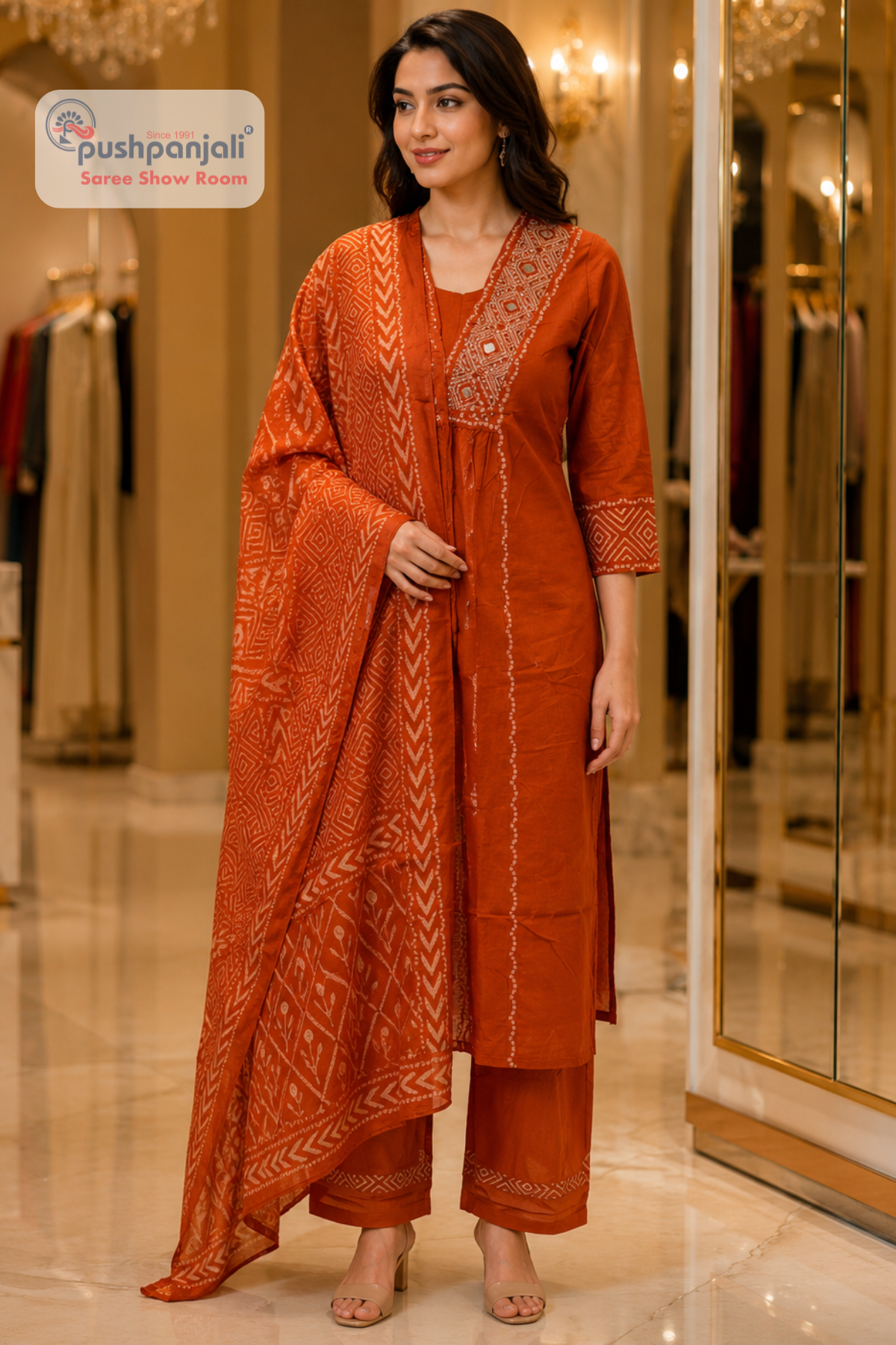 Rust Orange Straight Fit Suit Set with Dupatta