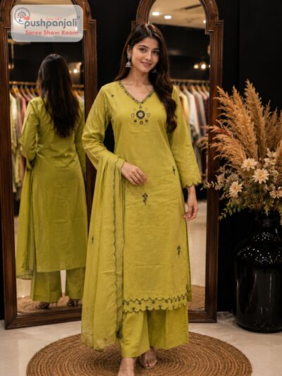 Olive Green Embroidered Straight Fit Suit Set
