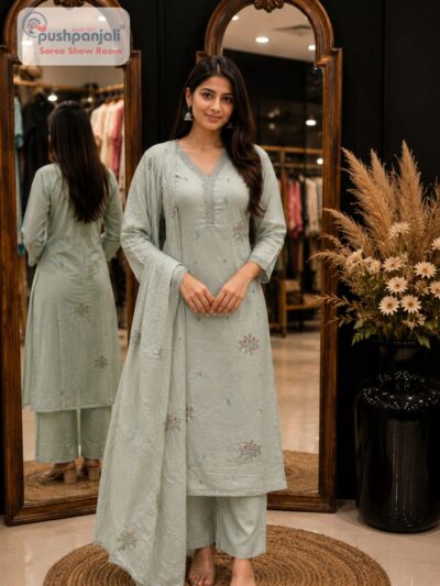 Mint Green Floral Embroidered A-Line Suit Set