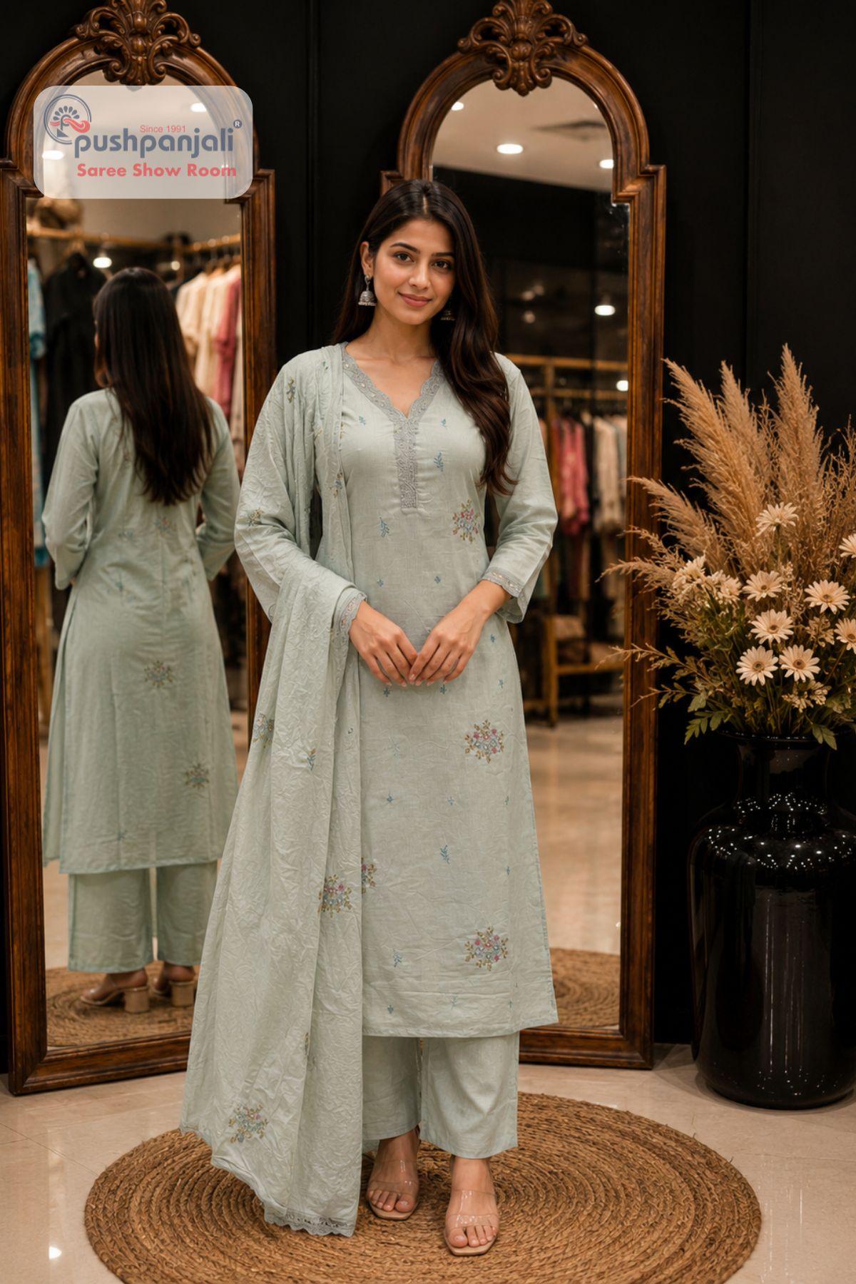 Mint Green Floral Embroidered A-Line Suit Set