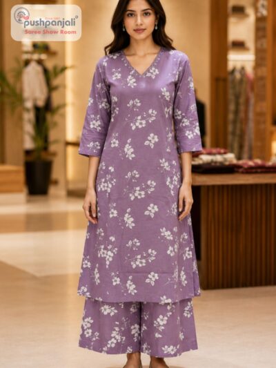 Lavender Floral Printed A-Line Suit Set