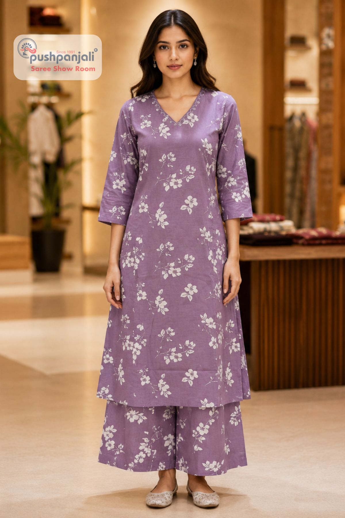 Lavender Floral Printed A-Line Suit Set