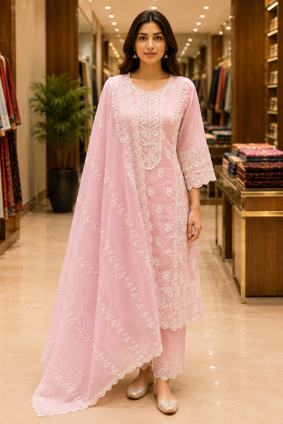 Baby Pink Embroidered Straight Fit Suit Set