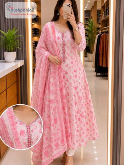 Blush Pink Floral Printed A-Line Suit Set with Dupatta