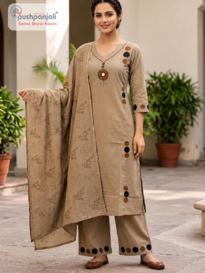 Taupe Brown Straight Fit Printed Suit Set with Dupatta