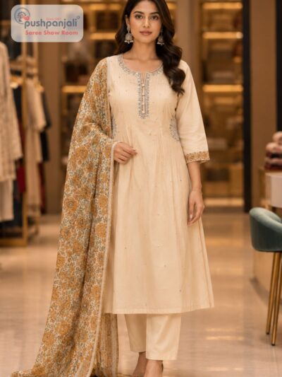 Cream Beige Straight Fit Suit Set with Printed Dupatta
