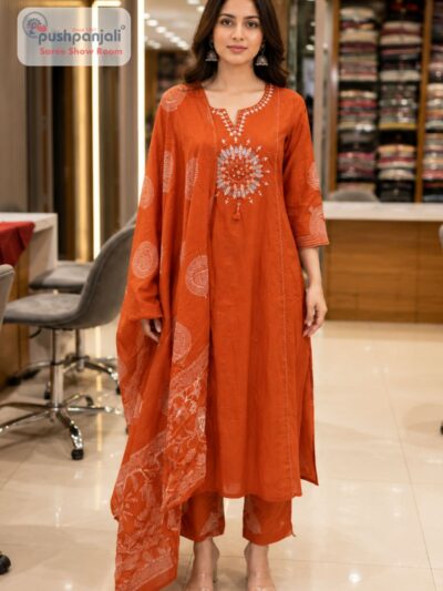 Rust Orange Straight Fit Ethnic Suit Set with Printed Dupatta