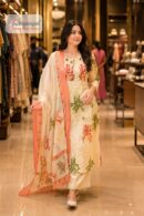 Peach Floral Printed Cream Kurti Set with Dupatta for Women
