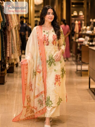 Peach Floral Printed Cream Kurti Set with Dupatta for Women
