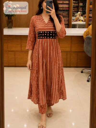 Rust Orange Printed One Piece A-Line Kurti Set
