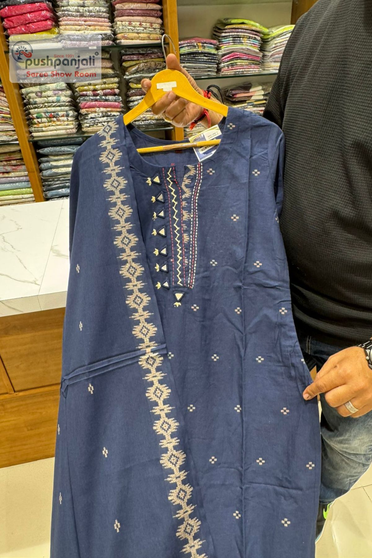 Navy Blue Embroidered Straight Kurta Set with Dupatta - Image 3
