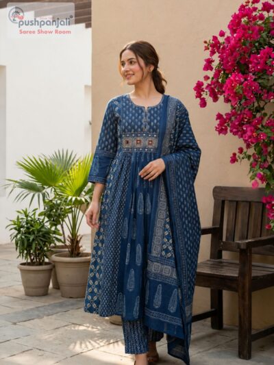 Indigo Blue Printed A-Line Kurta Set with Dupatta