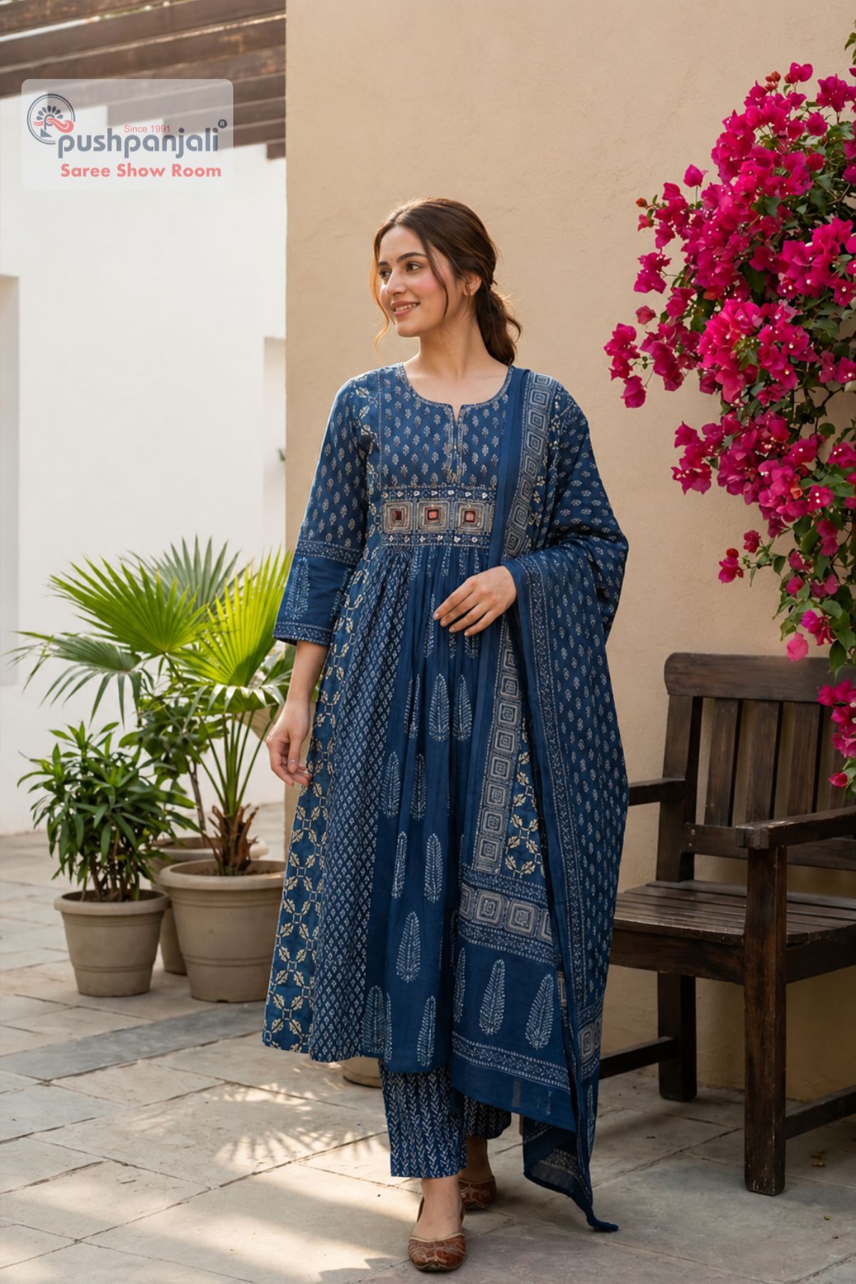 Indigo Blue Printed A-Line Kurta Set with Dupatta