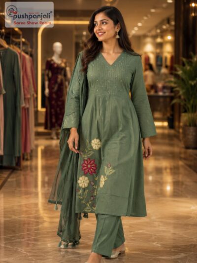 Pista Green Floral Embroidered A-Line Kurta Set with Dupatta